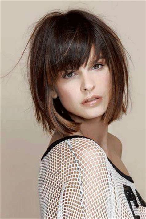 bob haircut with straight bangs|brunette bob with bangs.